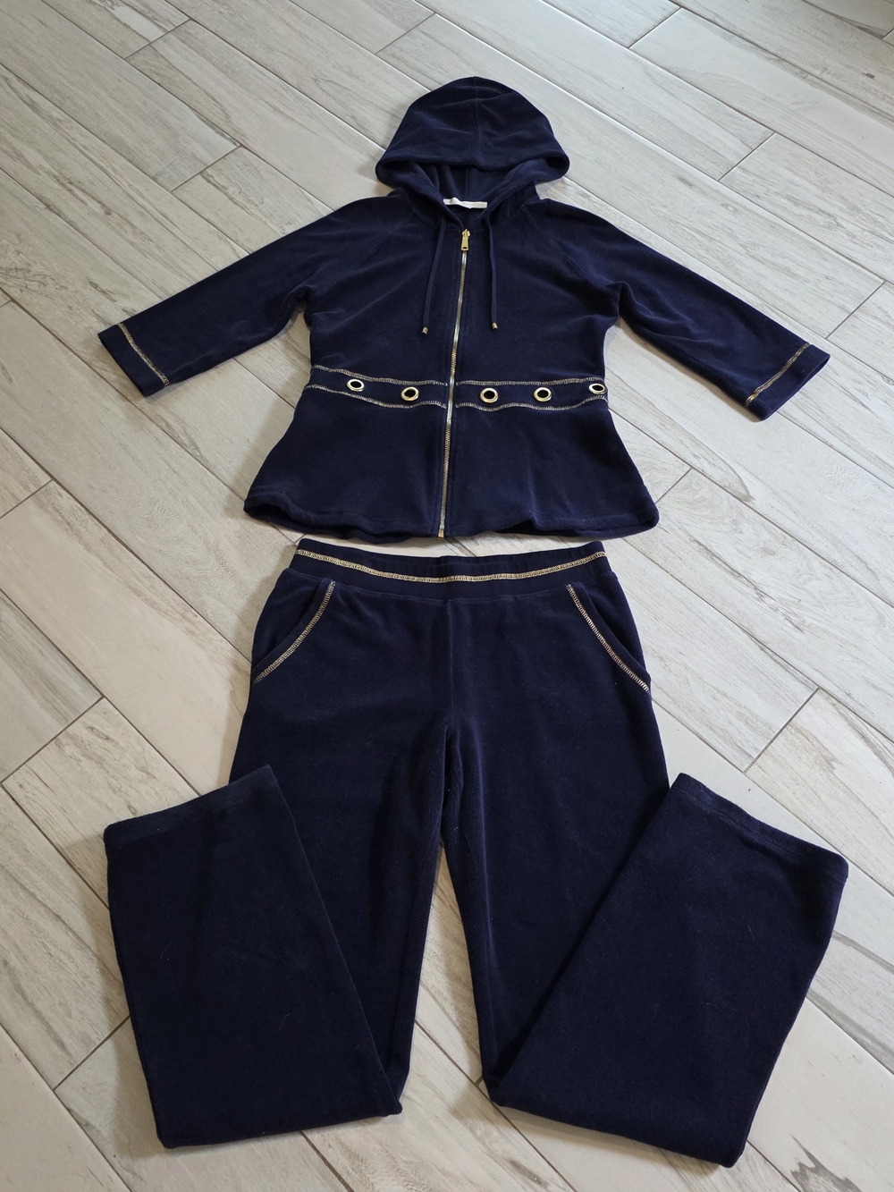 Boston Proper Navy Hooded Terry Casual Set with Gold Trim, Medium